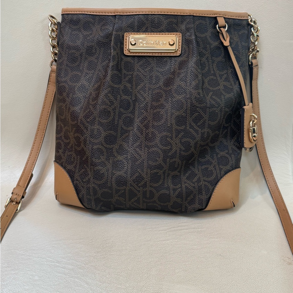 Calvin Klein Crossbody Bag in Black and Tan with Signature Monogram